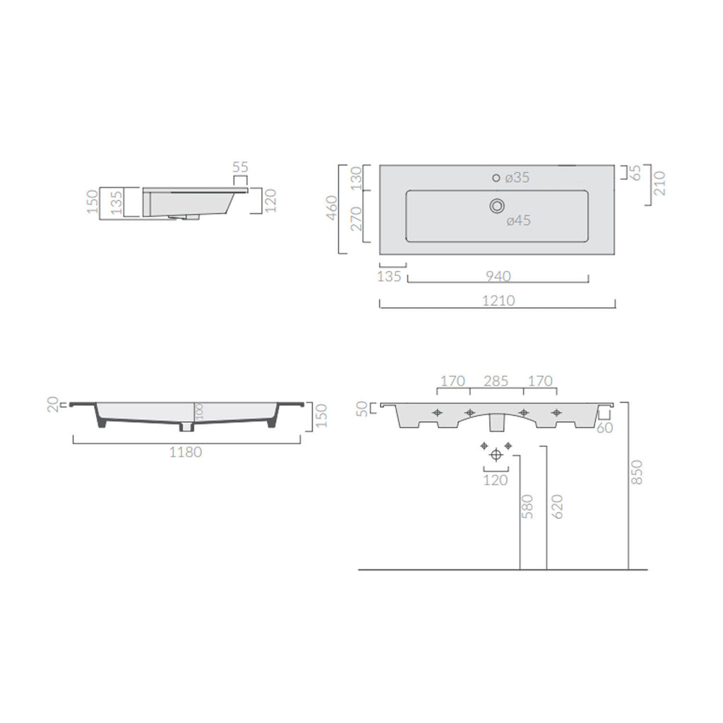 Lavabo ad incasso/sospeso serie Eden di Ceramica Galassia - Bianco lucido 1 foro  121x46cm