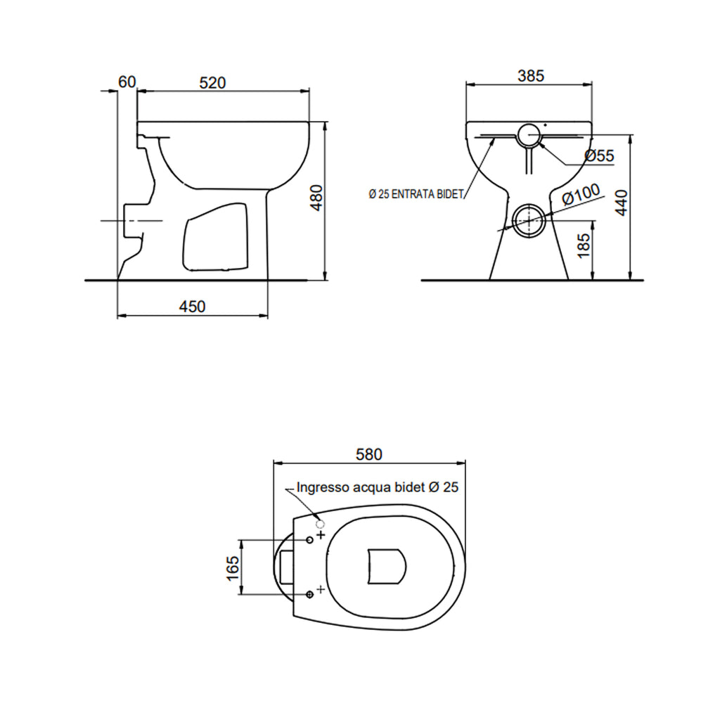 Vaso-bidet per anziani BathCore serie Consil 48 cm con scarico a muro - Bianco
