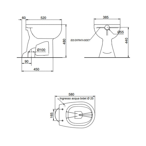Vaso-bidet per anziani BathCore serie Consil 48 cm con scarico a pavimento - Bianco