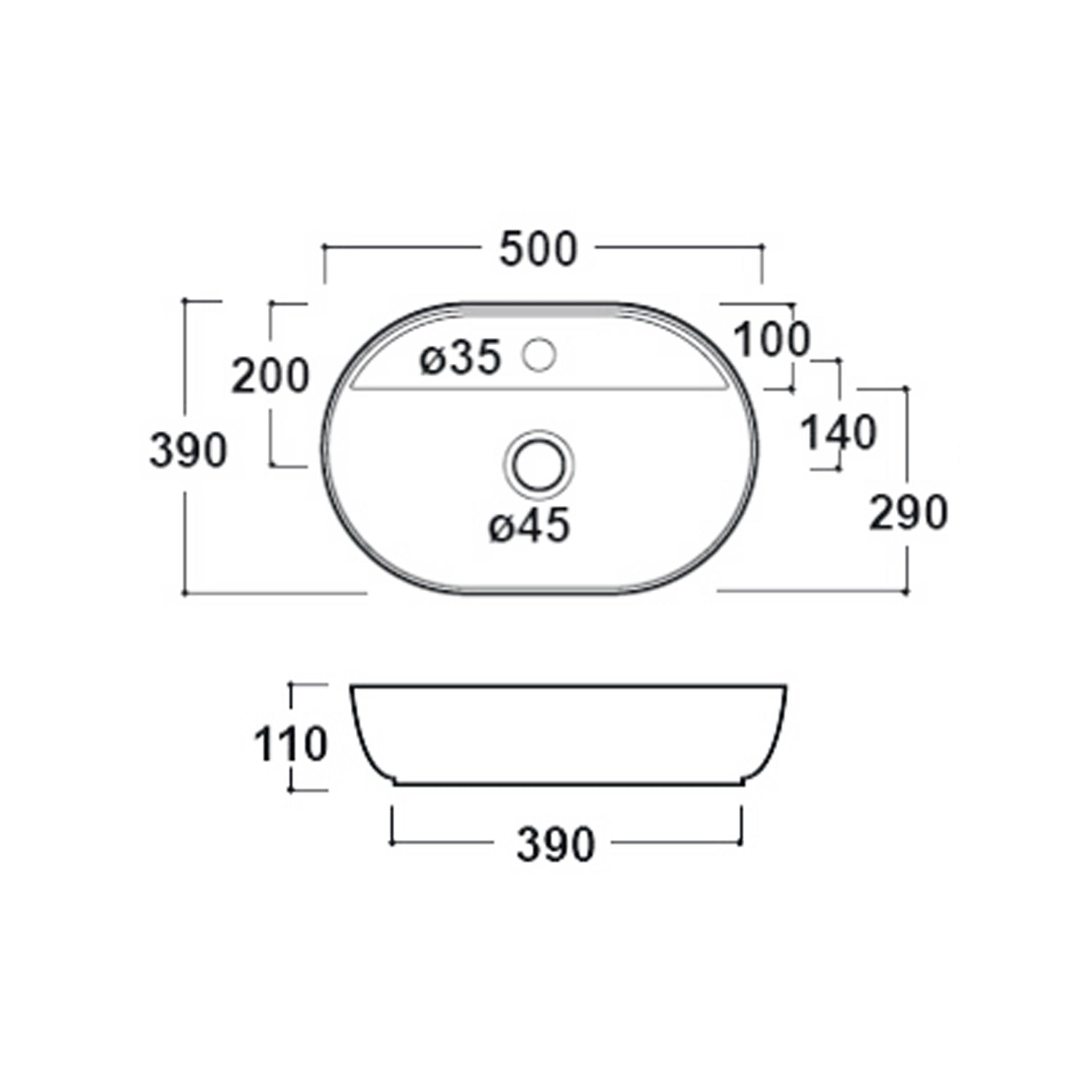 Lavabo da appoggio ovale con foro rubinetteria 50x39 cm - Bianco