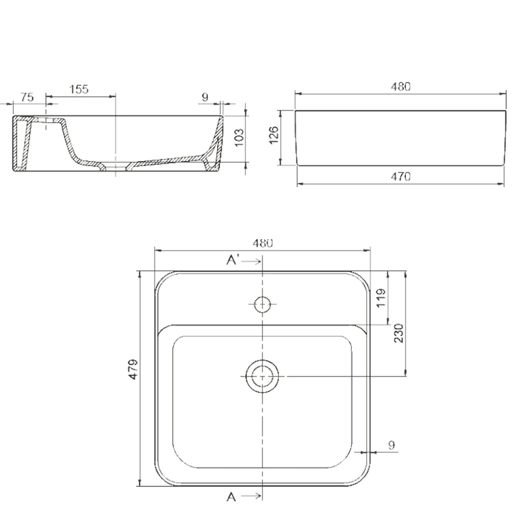 Lavabo da appoggio quadrato BathCore 48x48 cm con foro rubinetteria - Bianco lucido