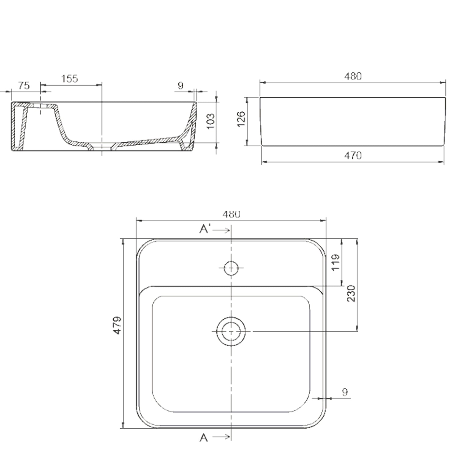 Lavabo da appoggio quadrato BathCore 48x48 cm con foro rubinetteria - Bianco lucido