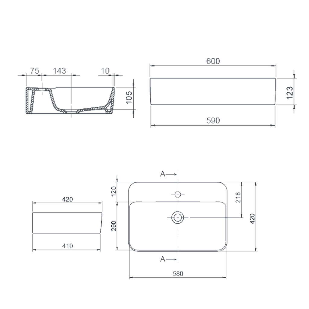 Lavabo da appoggio rettangolare BathCore 60x42 cm con foro rubinetteria - Bianco lucido