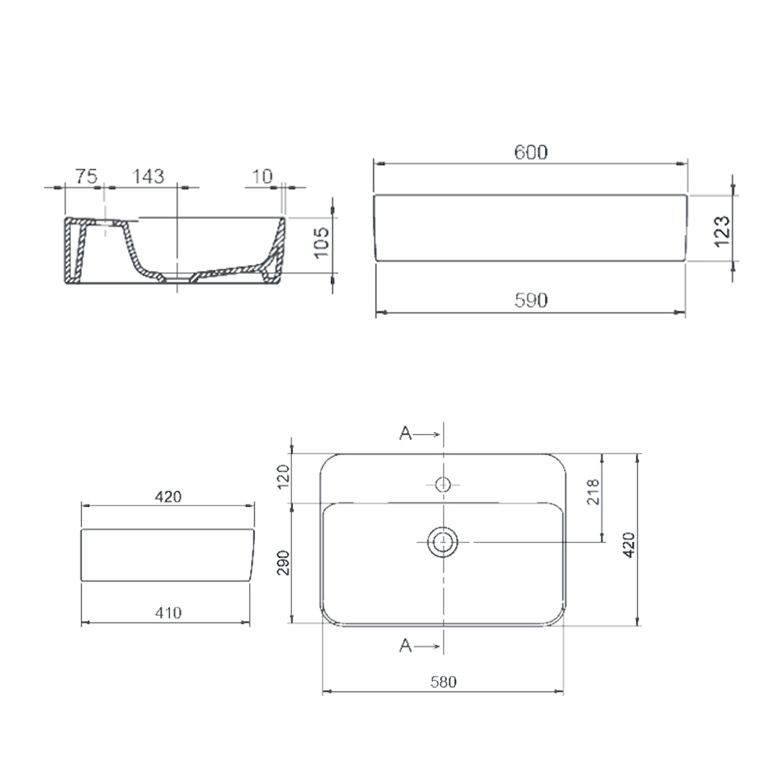 Lavabo da appoggio rettangolare BathCore 60x42 cm con foro rubinetteria - Bianco lucido