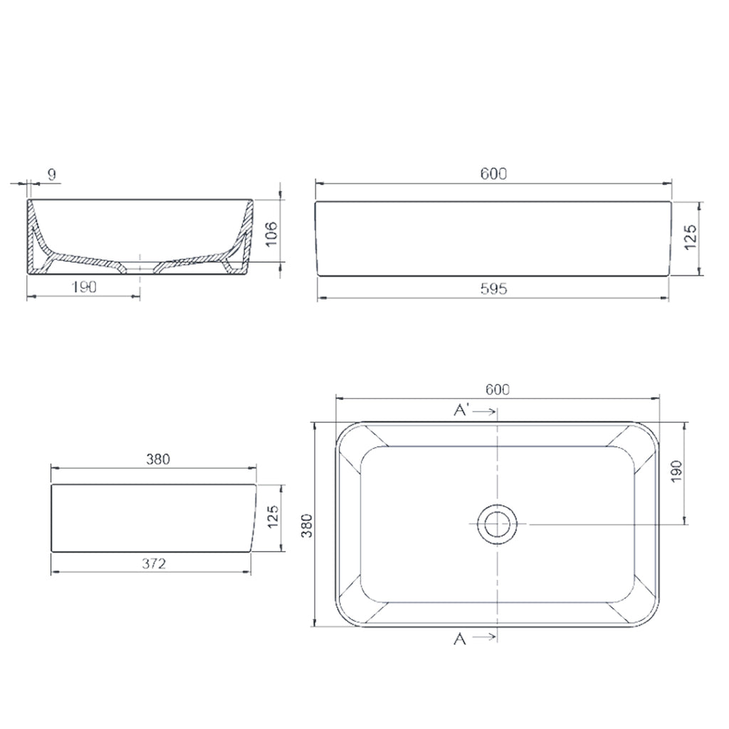 Lavabo da appoggio rettangolare BathCore 60x38 cm - Bianco lucido