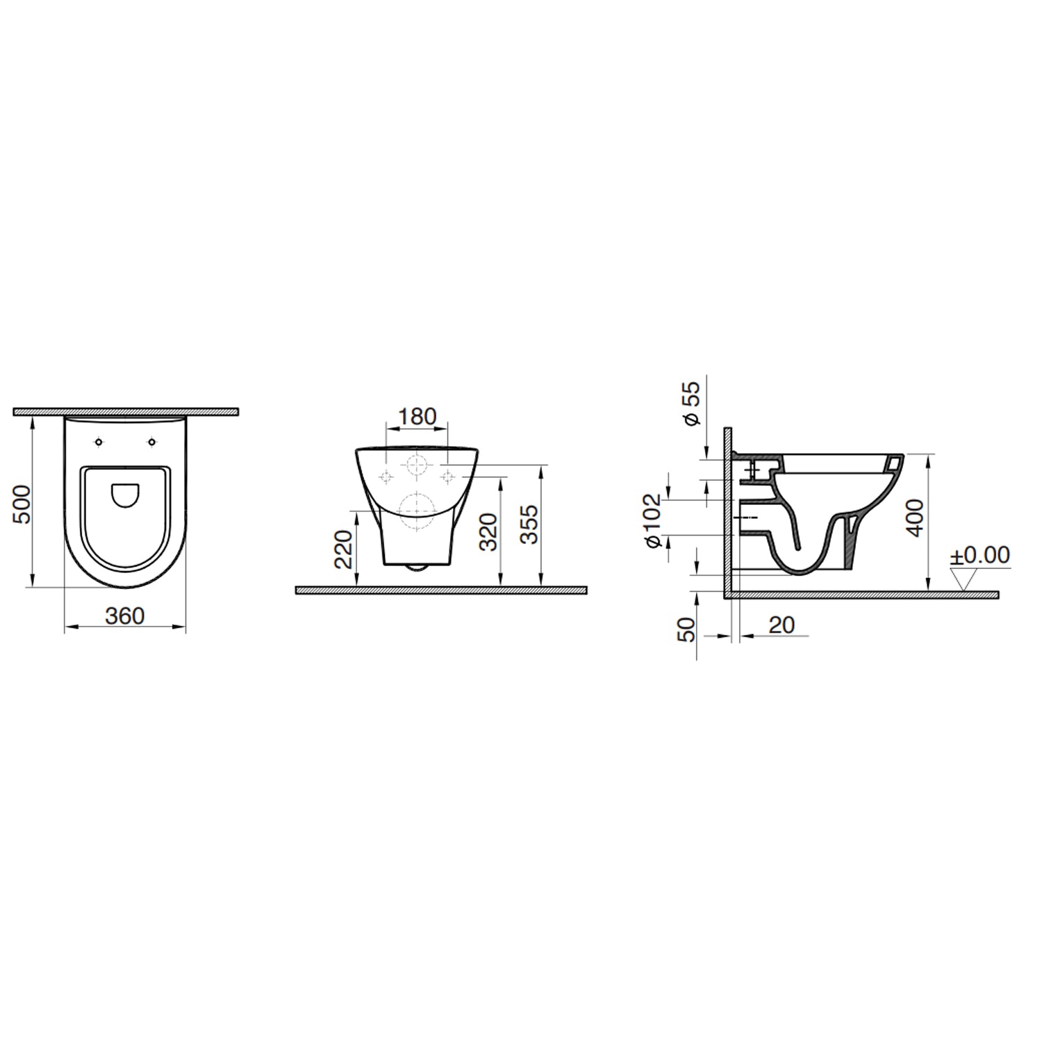 Sanitari sospesi con copriwater BathCore serie Zenzero 50x35 cm - Bianco lucido