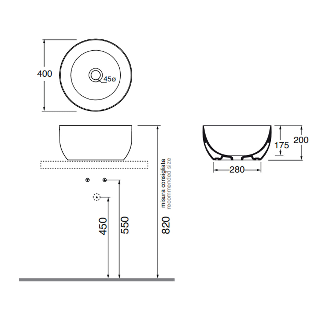 Lavabo da appoggio Ceramica Azzurra Elegance Circle Ã¸40x20H cm con bordo sottile