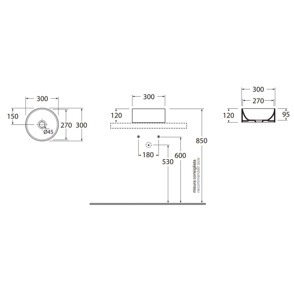 Lavabo da appoggio Ceramica Azzurra Elegance Circle Ã¸30x12H cm con bordo sottile