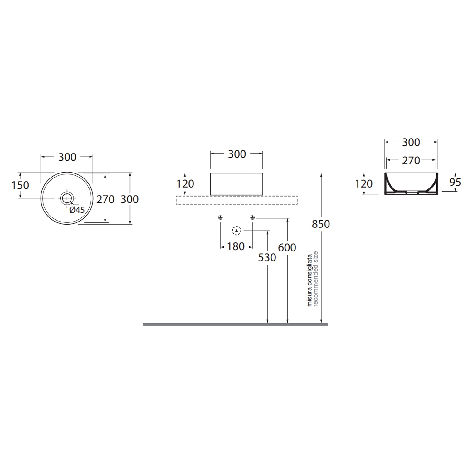 Lavabo da appoggio Ceramica Azzurra Elegance Circle Ã¸30x12H cm con bordo sottile