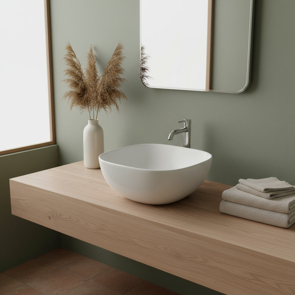 Lavabo da appoggio in ceramica bianca lucida cm 40x40 BathCore