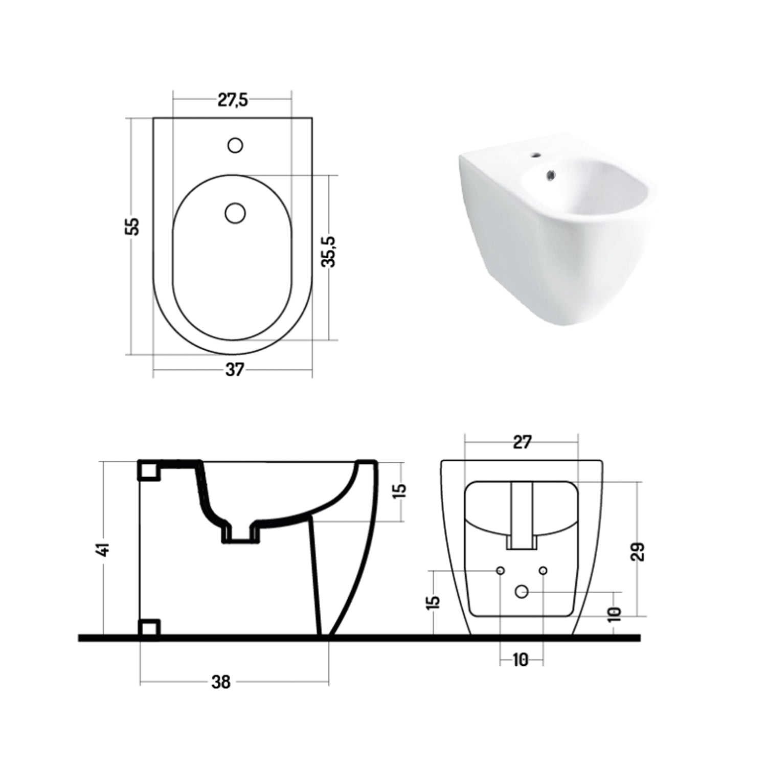 Bidet filomuro serie Skip 55 in ceramica bianca lucida - Disegno Ceramica