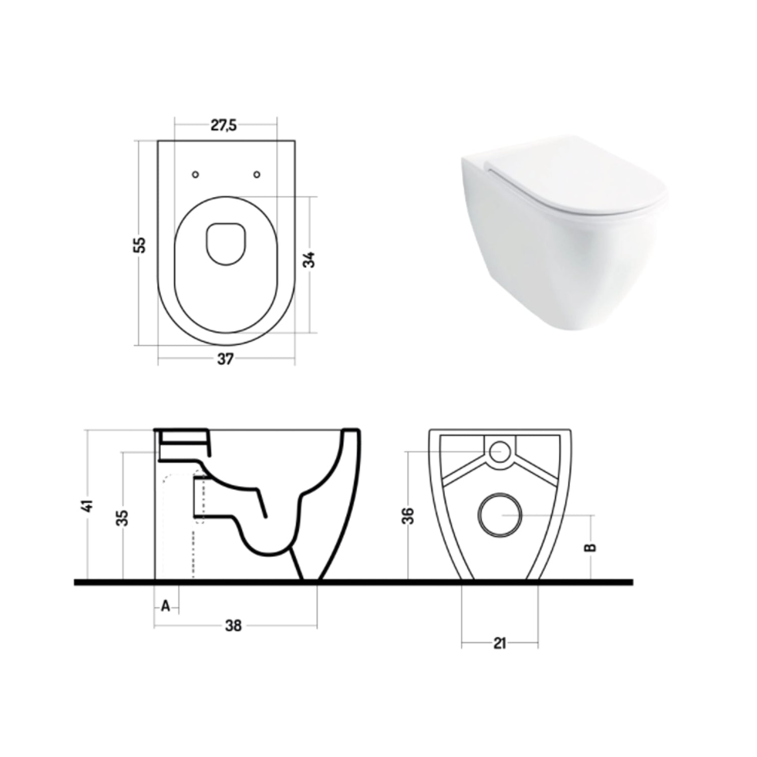 Santari filomuro serie Skip 55 in ceramica bianca con coprivaso chiusura softclose- Disegno Ceramica