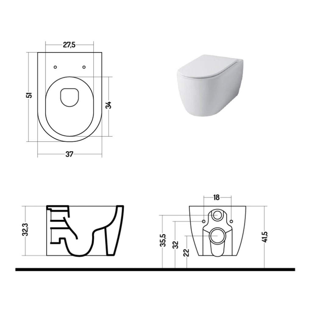 Wc sospeso serie Skip 50 in ceramica con coprivaso chiusura tradizionale- Disegno Ceramica