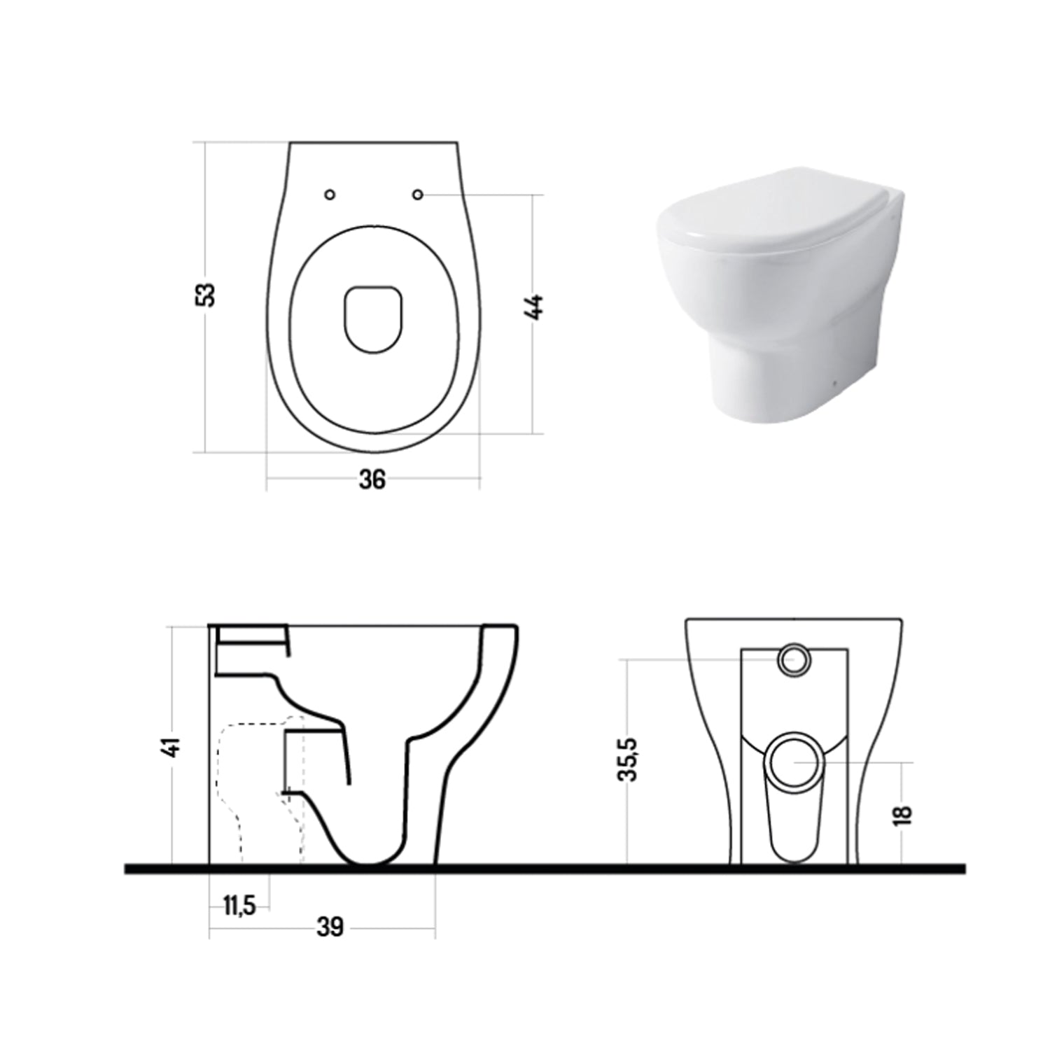 Wc filomuro scarico a terra serie Touch 54 cm con sedile soft-close Disegno Ceramica