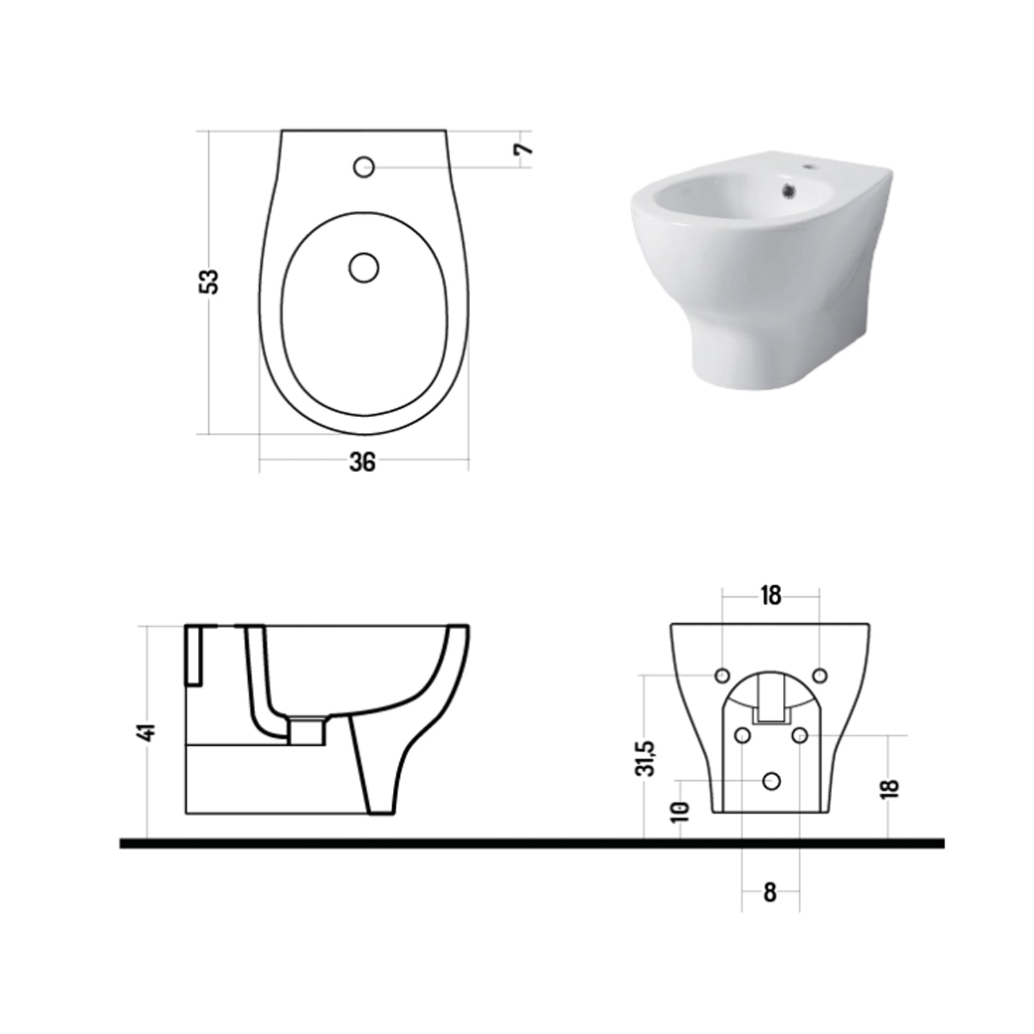 Bidet sospeso serie Touch 53 in ceramica bianca lucida - Disegno Ceramica