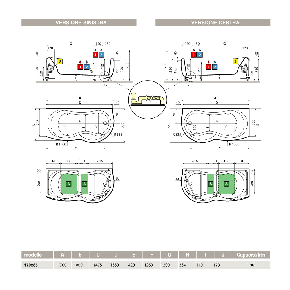 Vasca Bagno angolare Venus in acrilico con idromassaggio cm 170x70 versione destra
