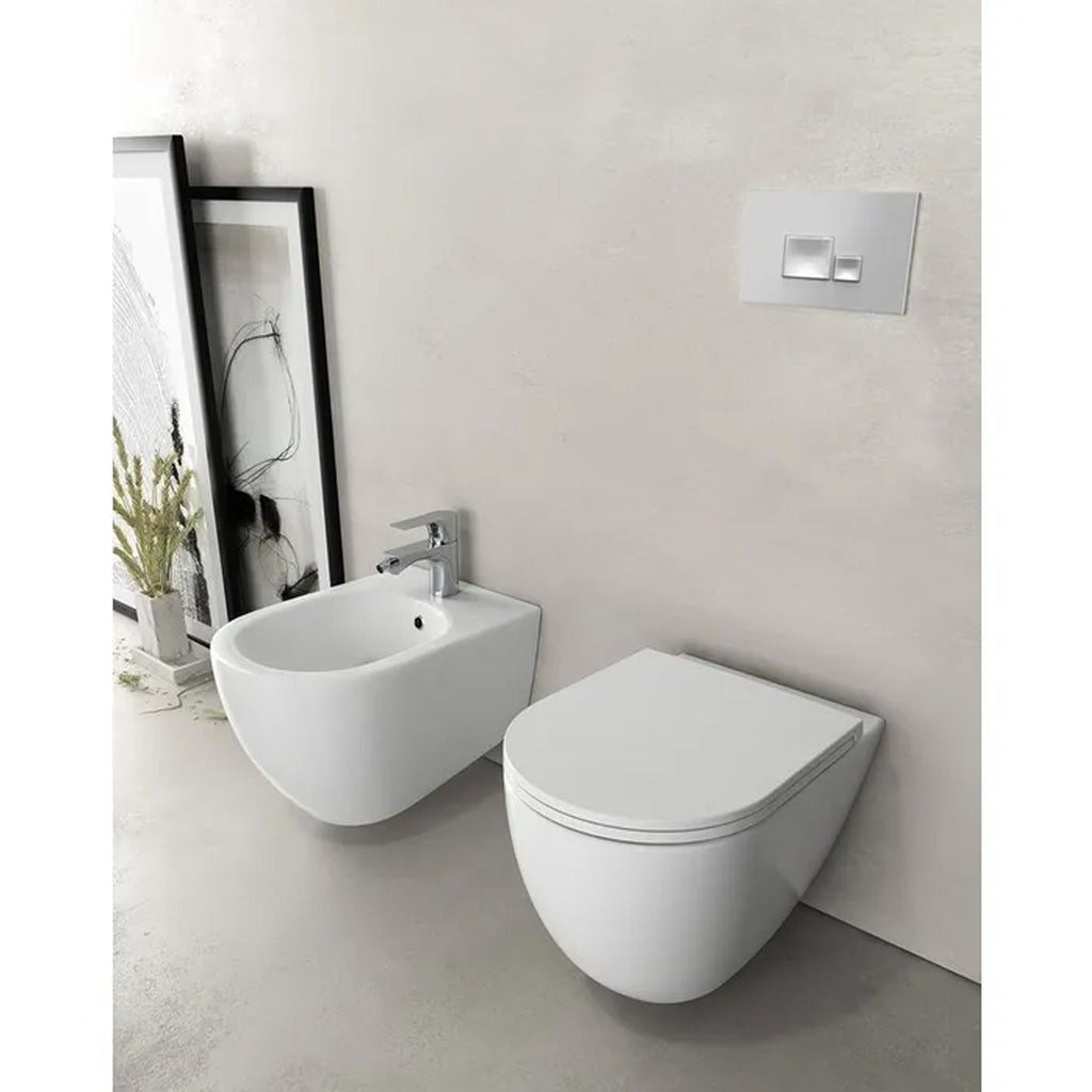 Sanitari sospesi Rimless con copriwater Soft Close BathCore serie Infinity 53x36,5xH40 cm color Bianco Lucido
