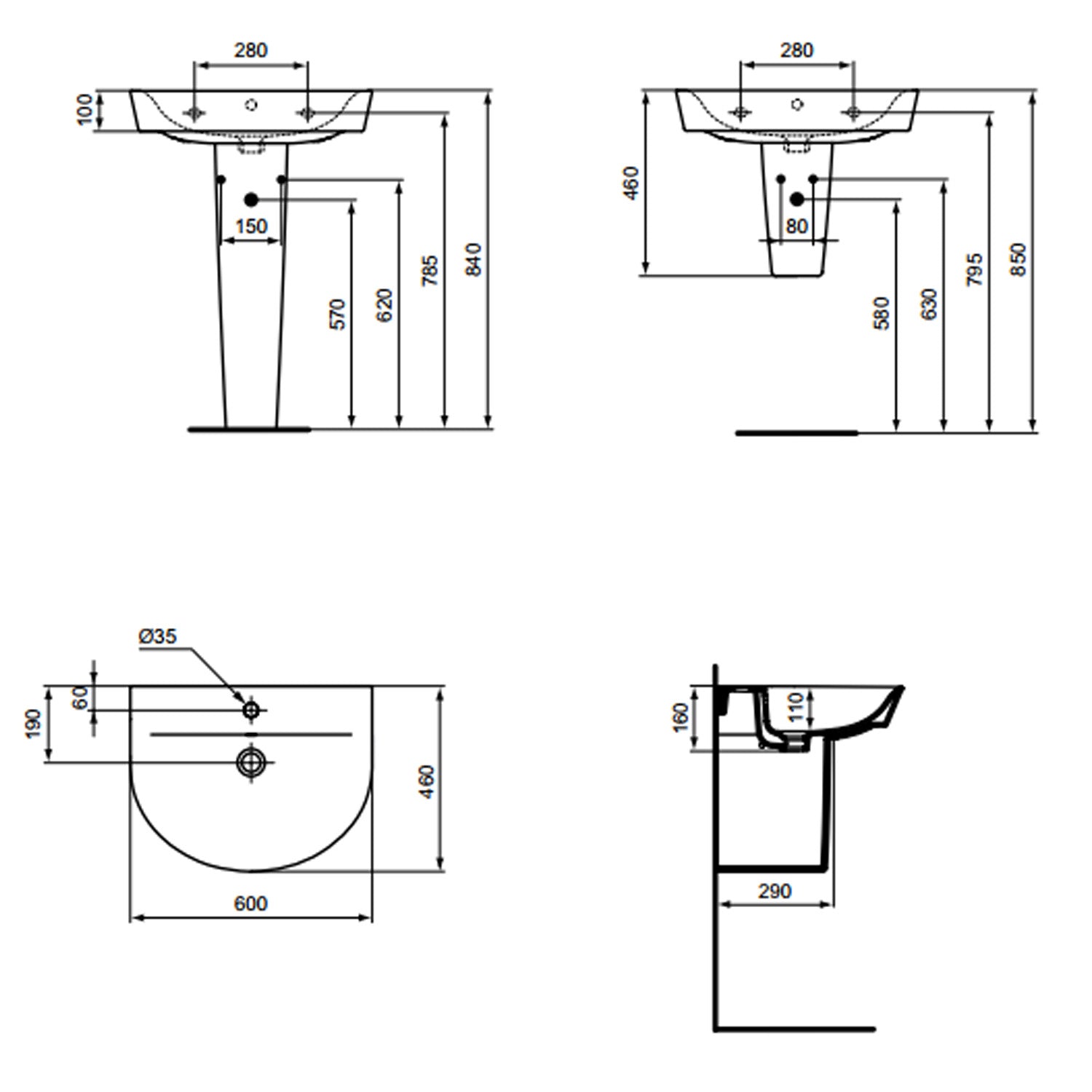 Lavabo sospeso Ideal Standard modello Connect AIR 55x46 cm curvo