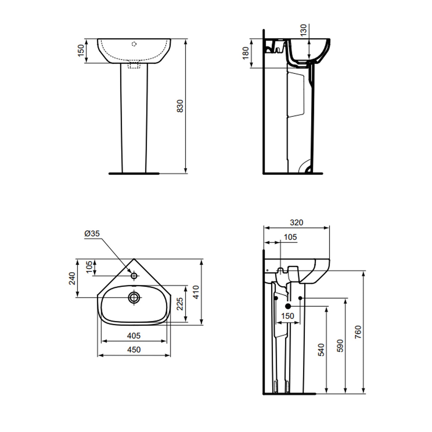 Lavabo sospeso Ideal Standard modello I.life A angolare 45 cm