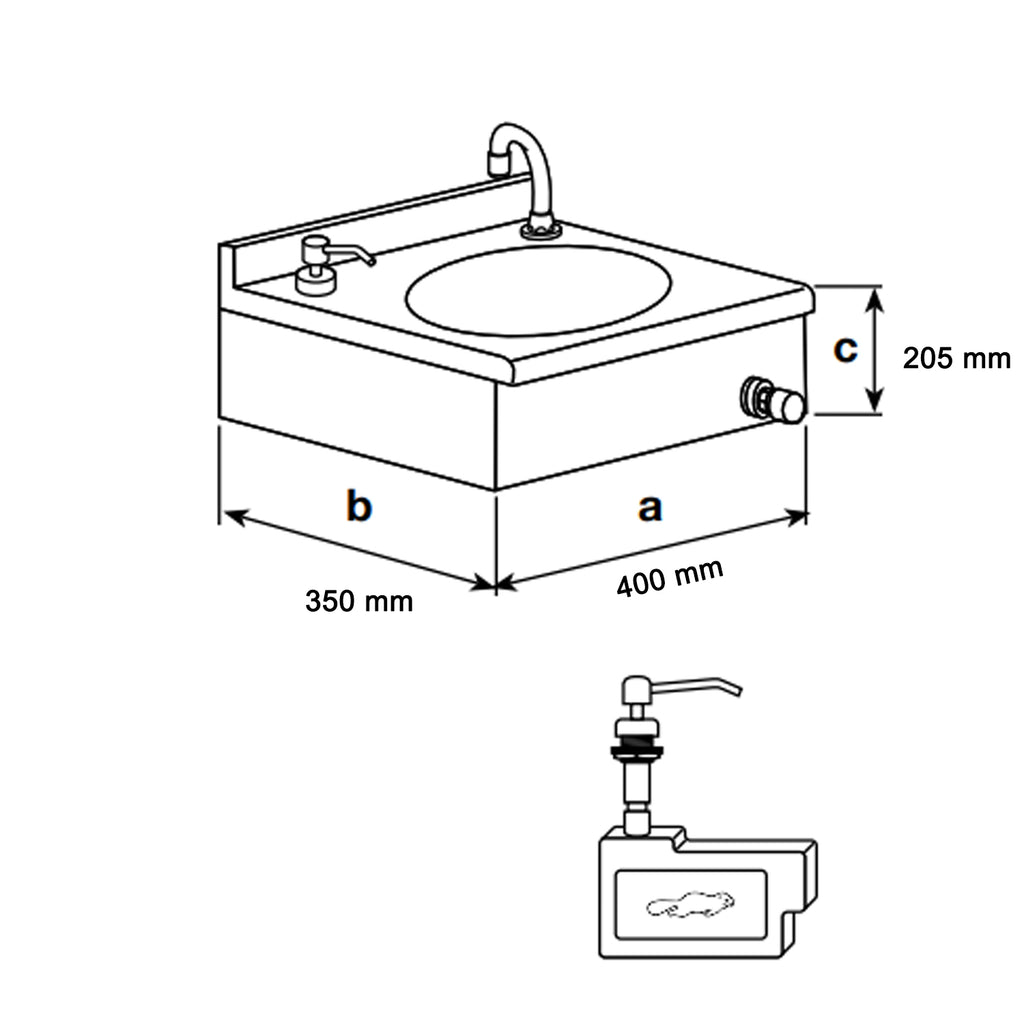 Lavamani in acciaio inox con comando a ginocchio e distributore sapone antivandalo cm 40x35x20