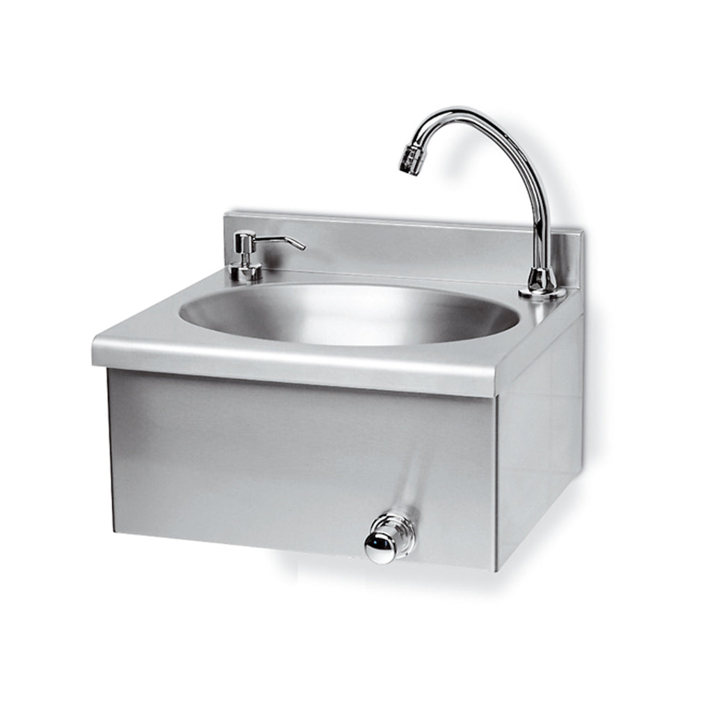 Lavamani in acciaio inox con comando a ginocchio e distributore sapone antivandalo cm 40x35x20