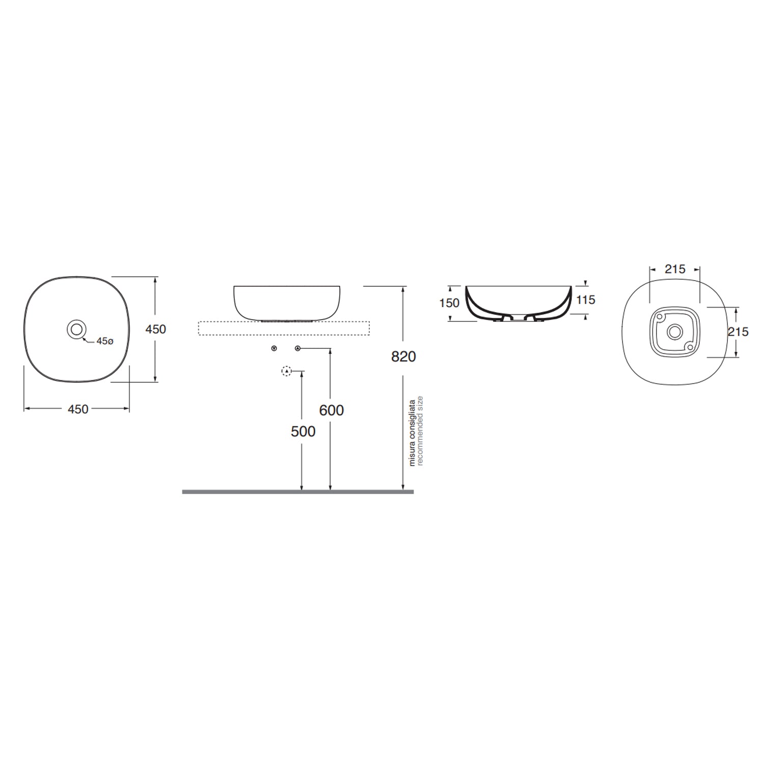 Lavabo da appoggio Azzurra Elegance Zip 45x45 cm senza foro - Bianco lucido