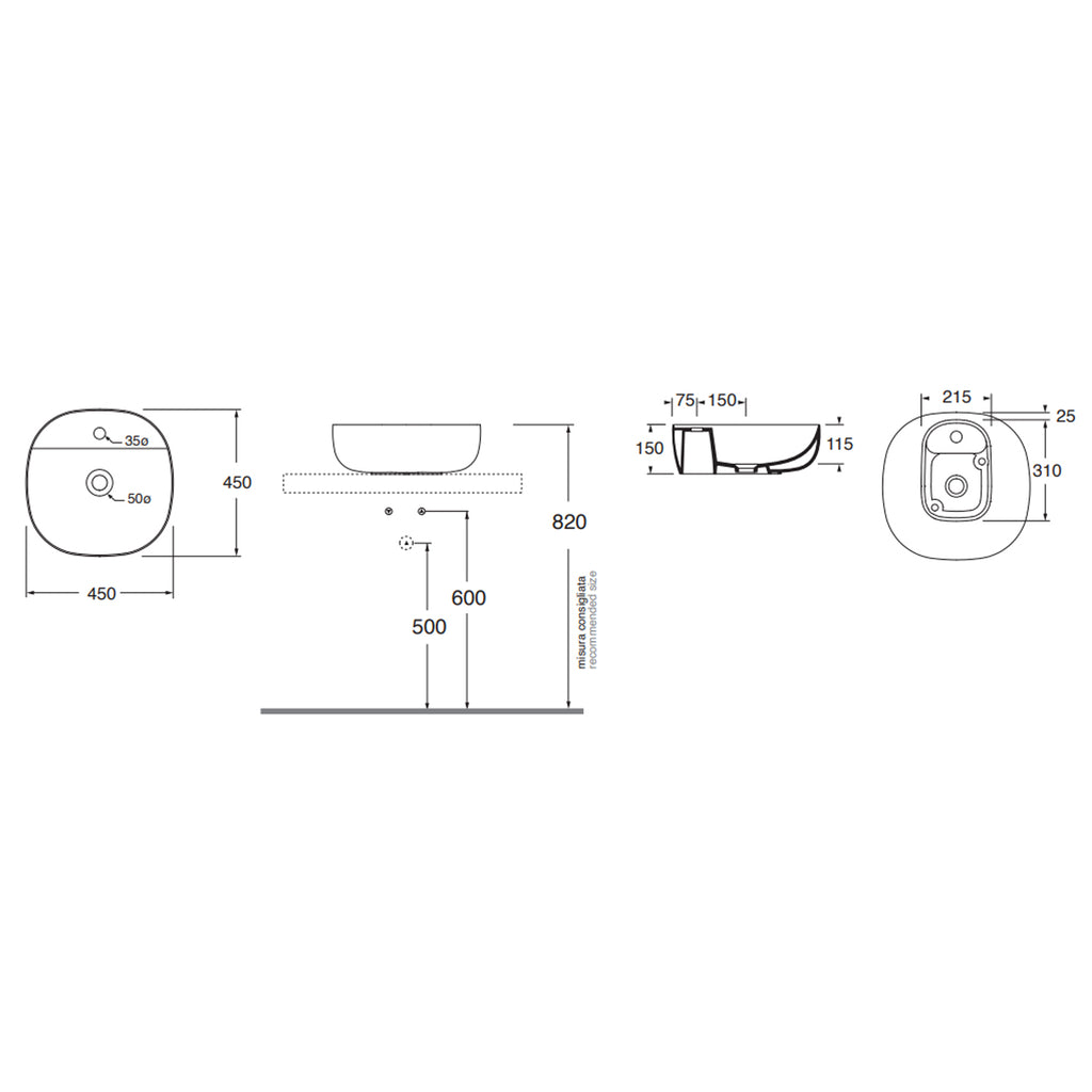 Lavabo da appoggio Azzurra Elegance Zip 45x45 cm con foro rubinetteria - Bianco lucido