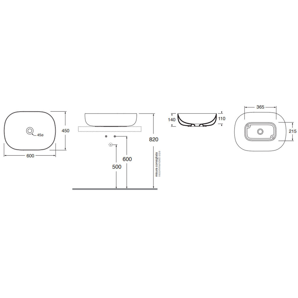 Lavabo da appoggio Azzurra Elegance Zip 60x45 cm senza foro - Bianco lucido