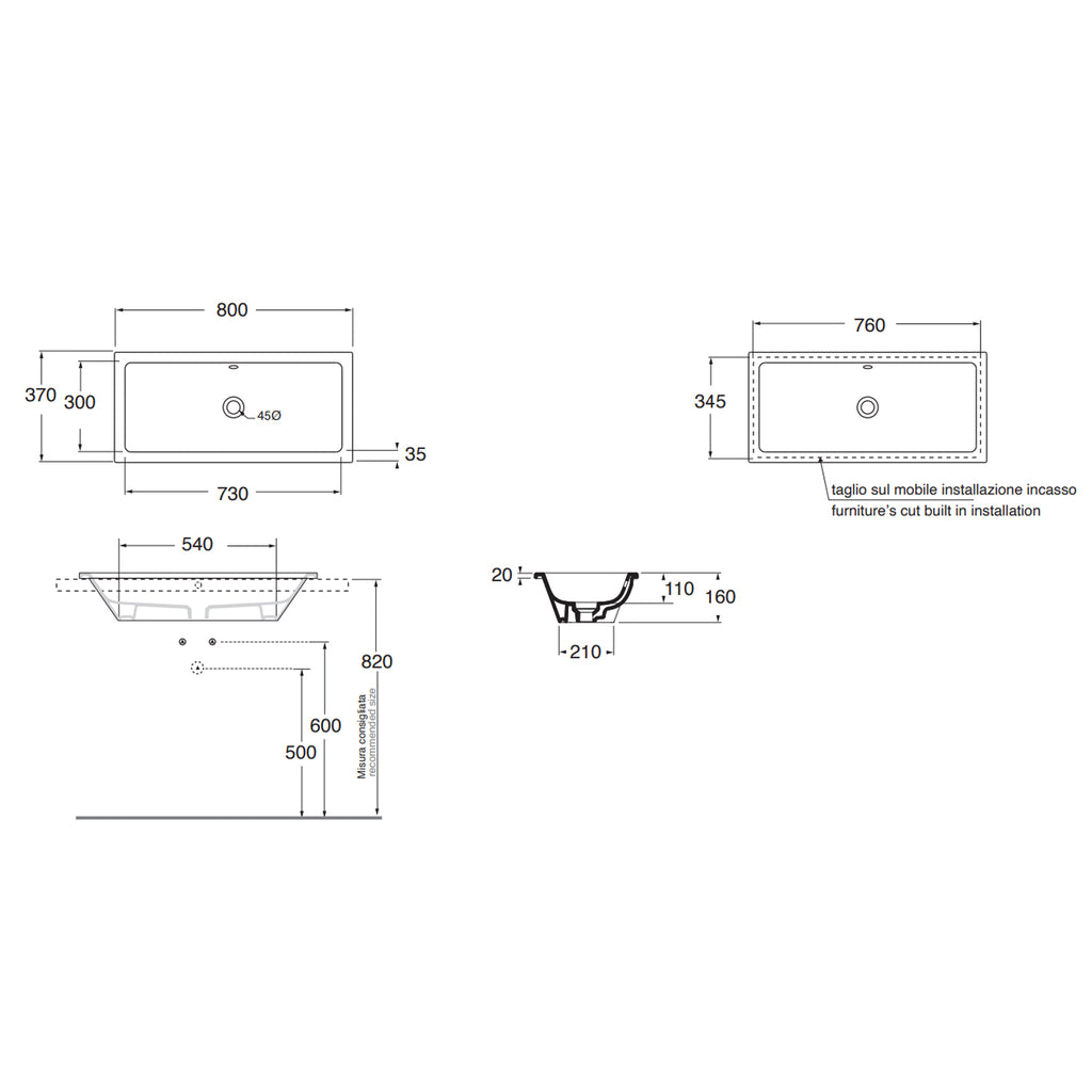 Lavabo ad incasso Azzurra Built-in Dual 80x37 cm con foro troppopieno - Bianco lucido