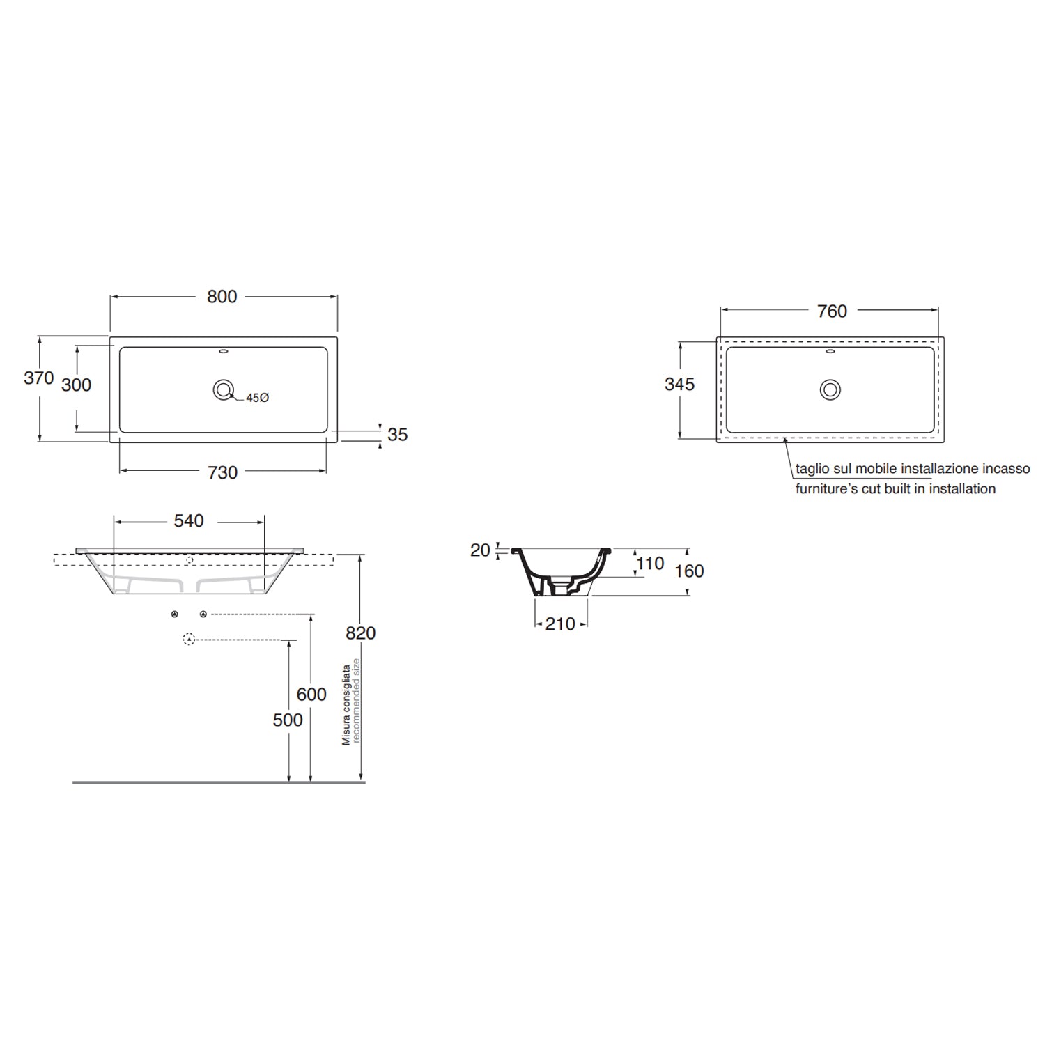 Lavabo ad incasso Azzurra Built-in Dual 80x37 cm con foro troppopieno - Bianco lucido