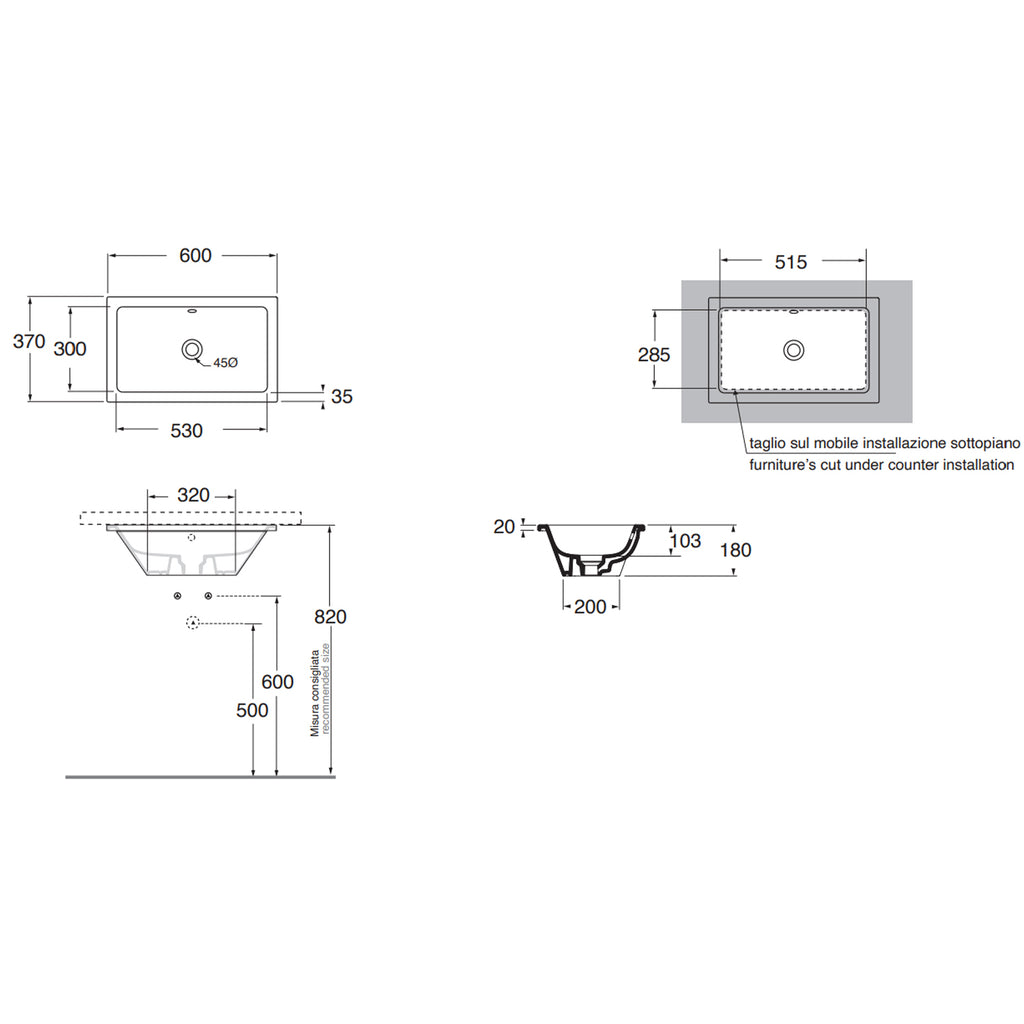 Lavabo sottopiano Azzurra Built-in Dual 60x37 cm con foro troppopieno - Bianco lucido