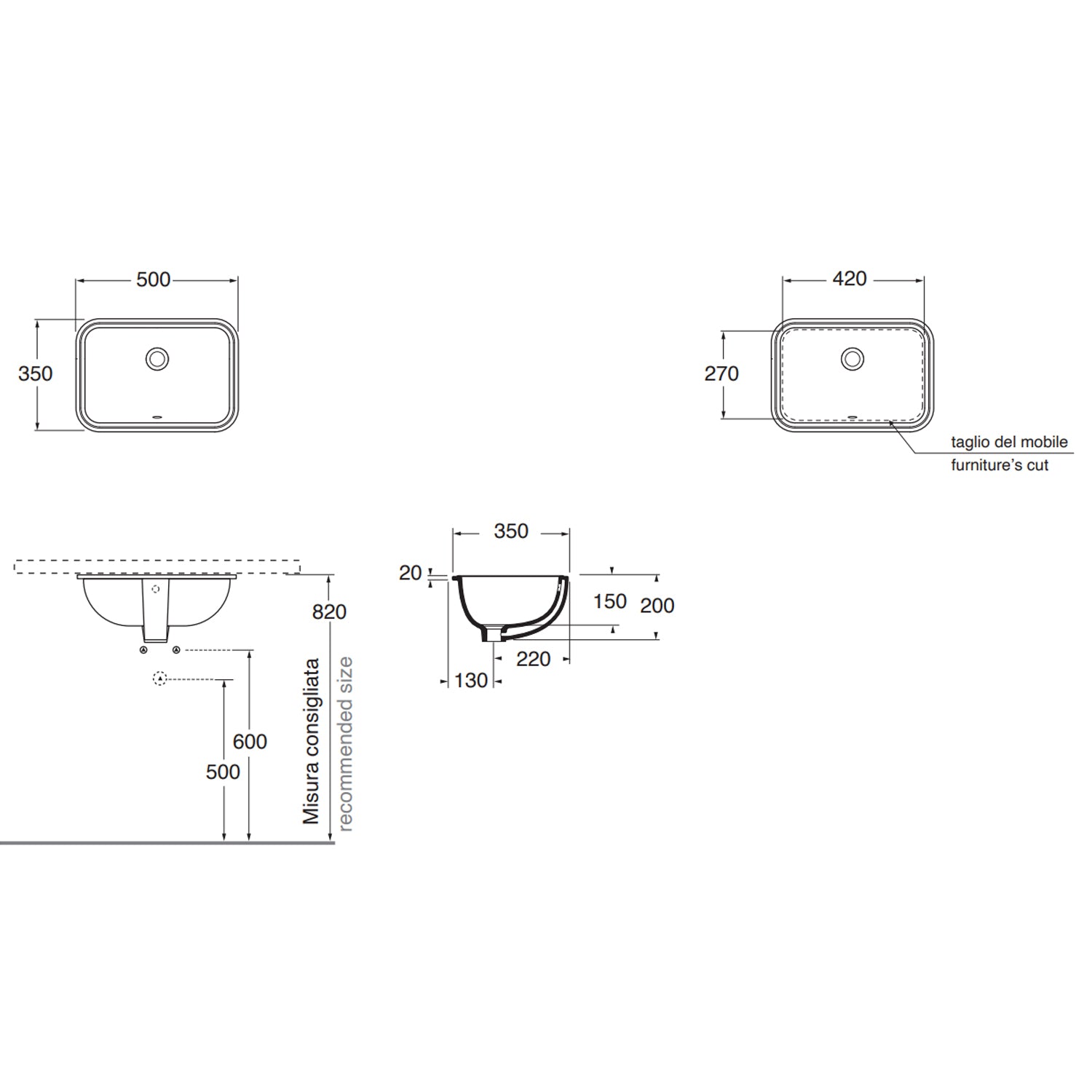Lavabo sottopiano Azzurra Built-in Under 50x38 cm con foro troppopieno - Bianco lucido