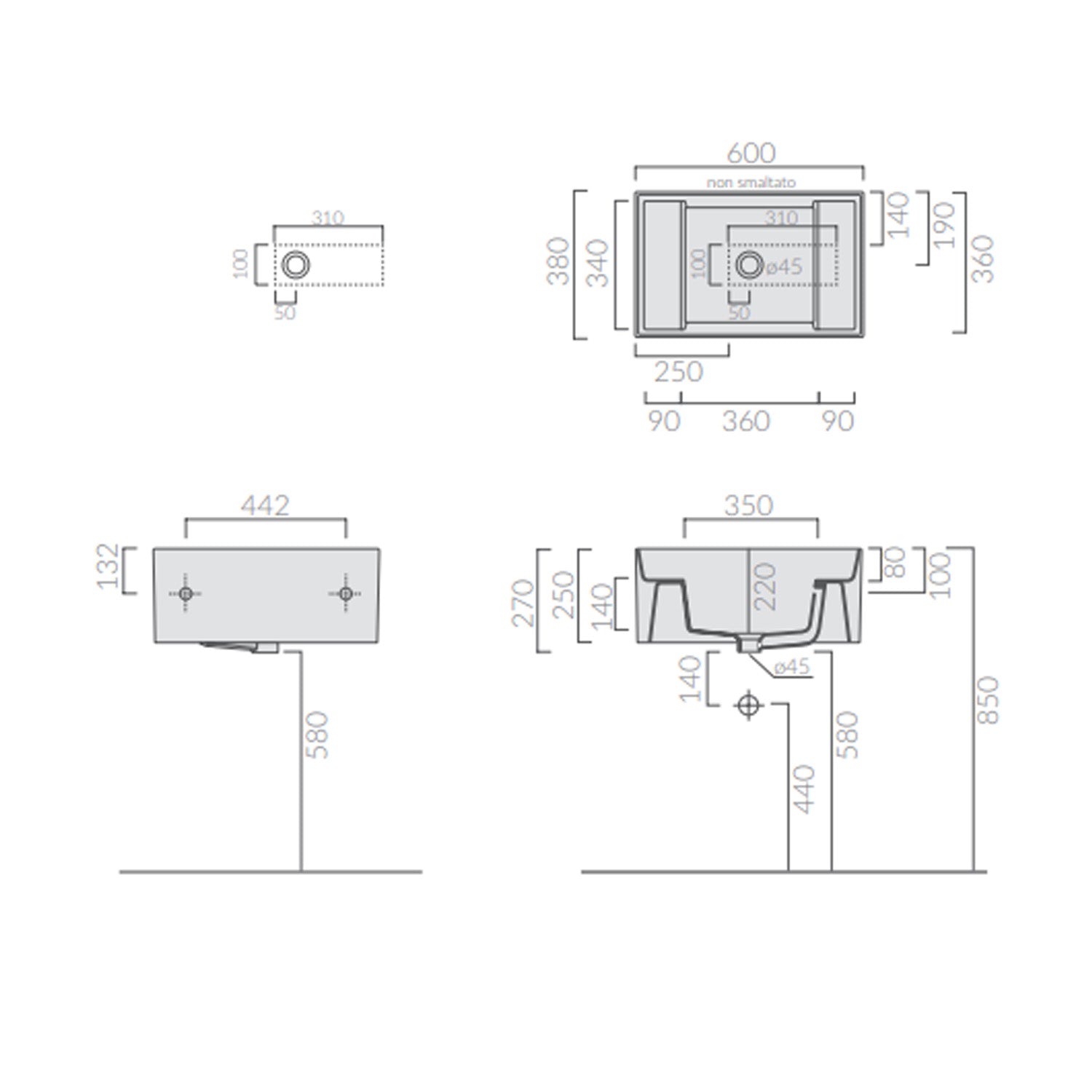 Lavatoio per rubinetteria a parete Ceramica Galassia modello MegPro11 60x38 cm