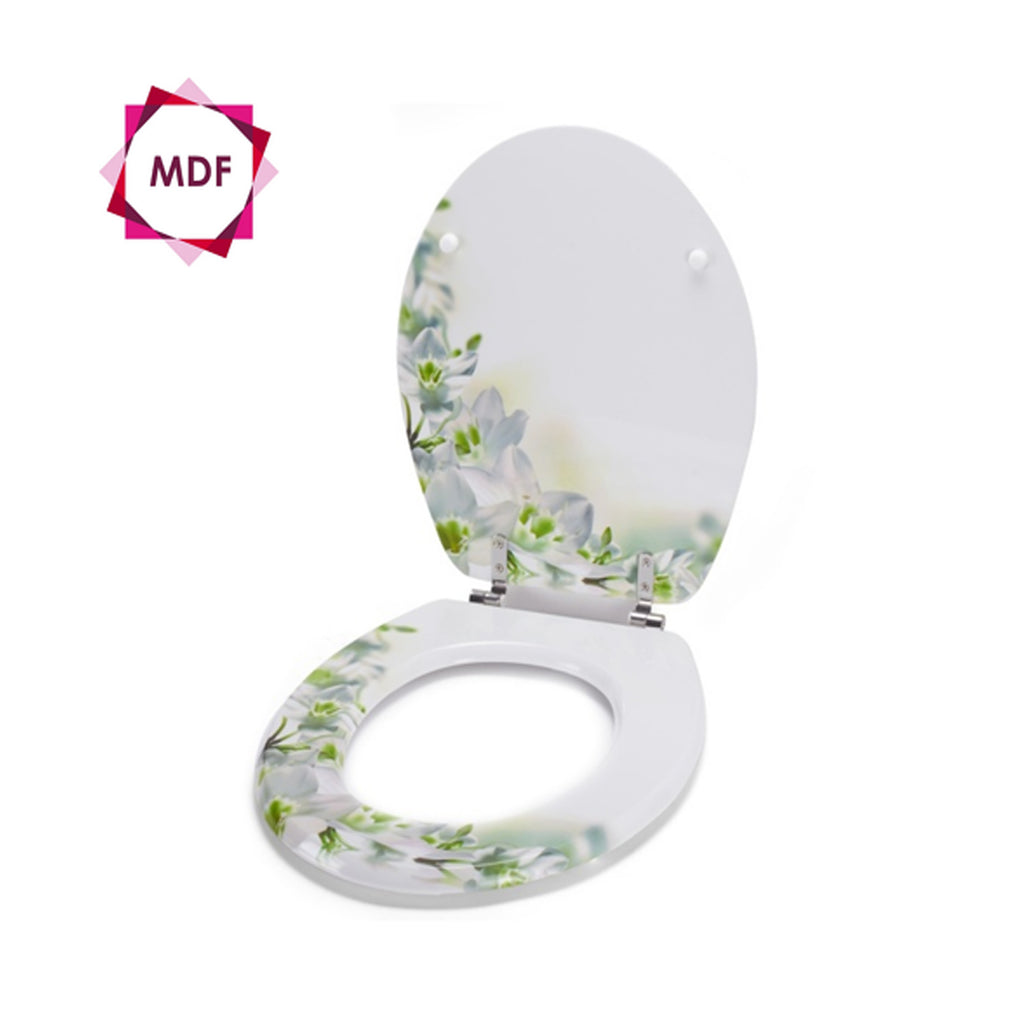 Sedile WC in MDF con motivo floreale e cerniere in Acciaio Inox - Bianco