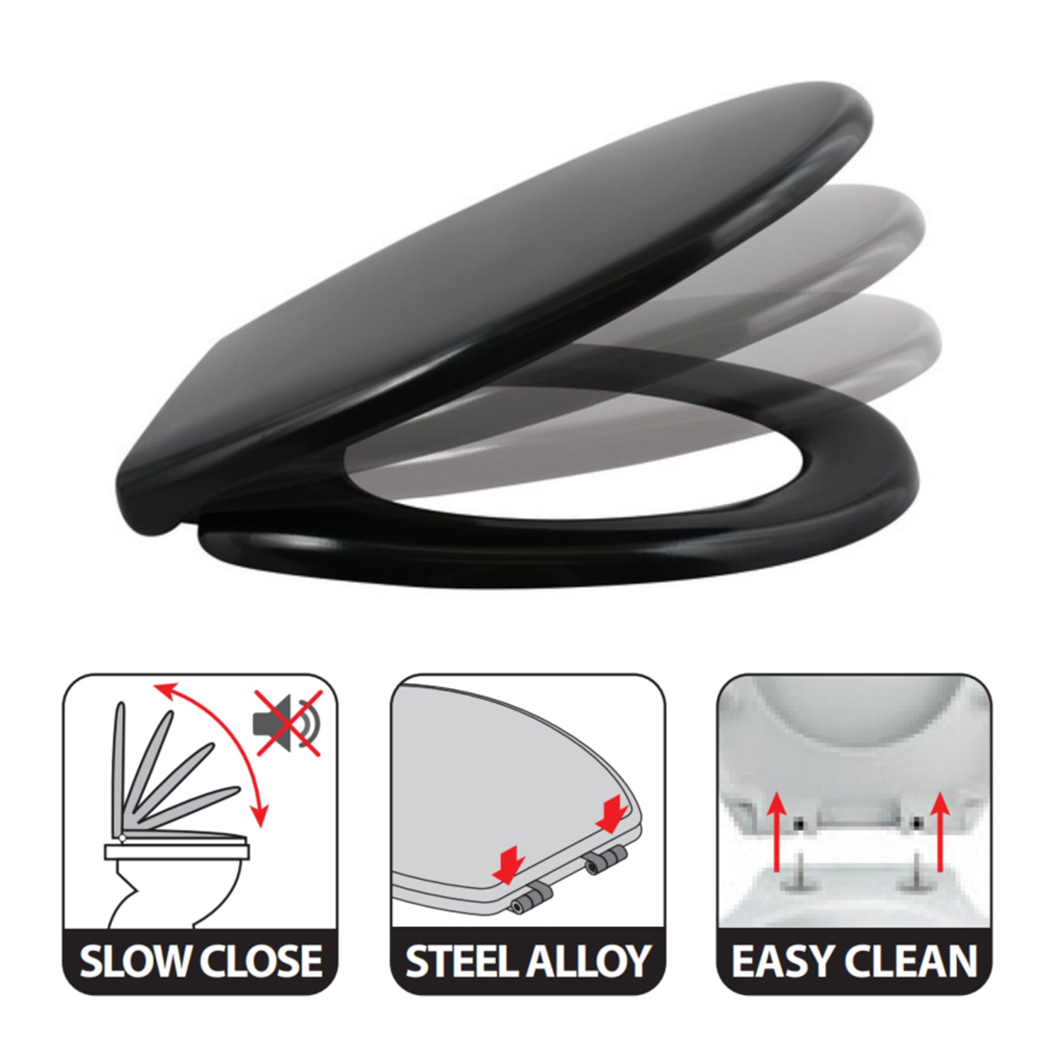 Sedile WC termoresistente Easy Clip con cerniere in Acciaio Inox - Nero