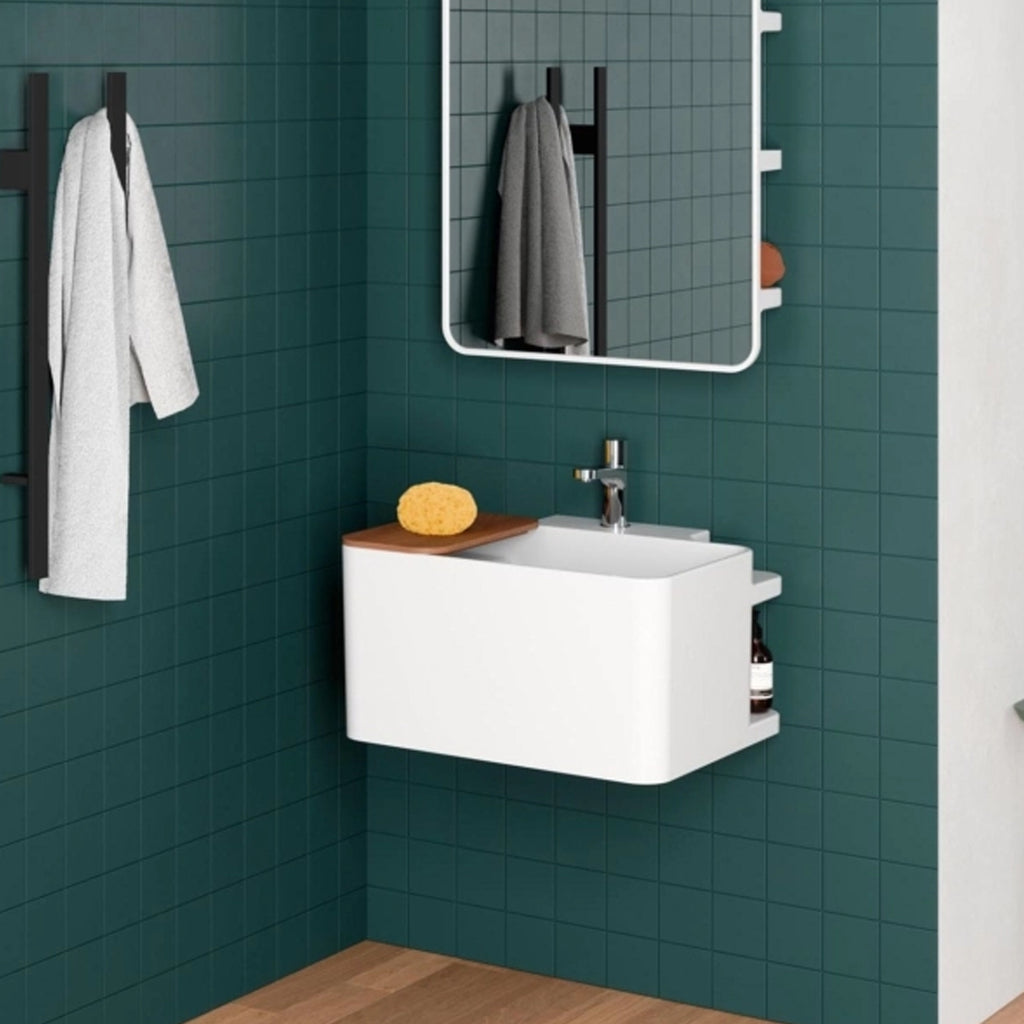 Lavabo sospeso Azzurra Anfibio 60x50 cm con piano in legno con foro rubinetteria - Bianco lucido