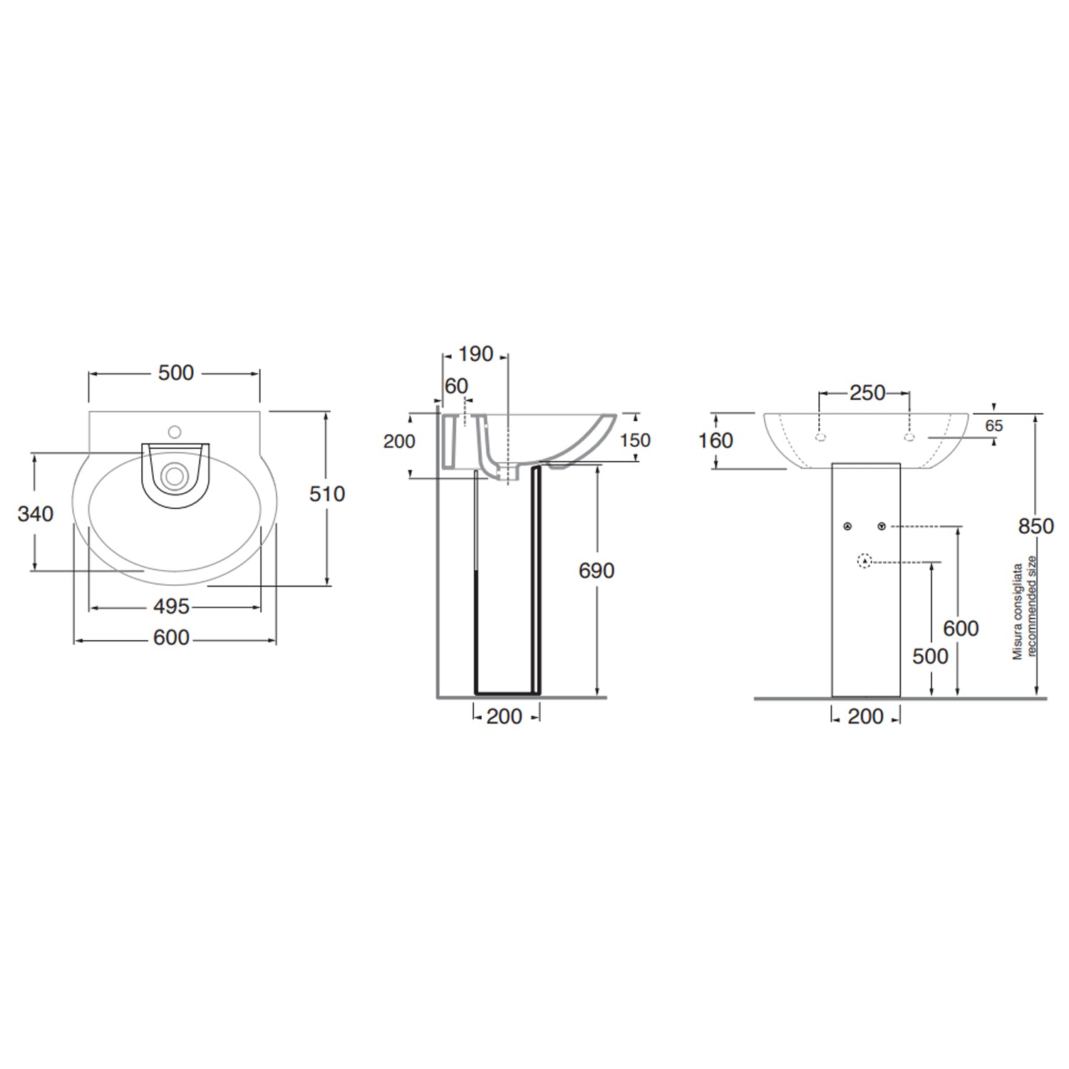 Lavabo Azzurra Clik con colonna 60x51xH88 cm con foro rubinetteria - Bianco lucido