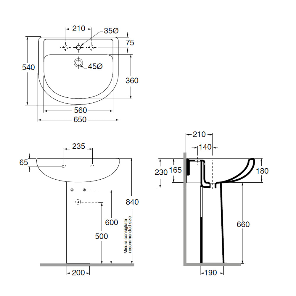 Lavabo in ceramica monoforo corredato di colonna Ceramiche Azzurra collezione 'Diana' cm 65