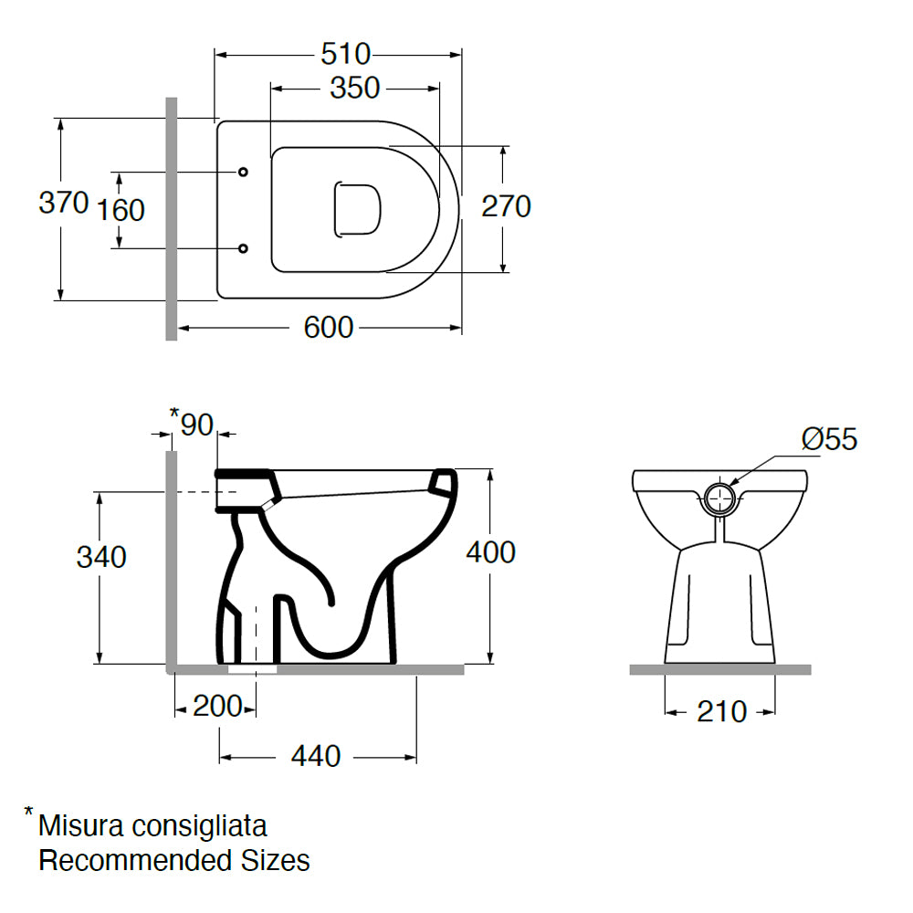 Sanitari con scarico a terra e sedile in poliestere Ceramica Azzurra modello 'Diana' cm 55