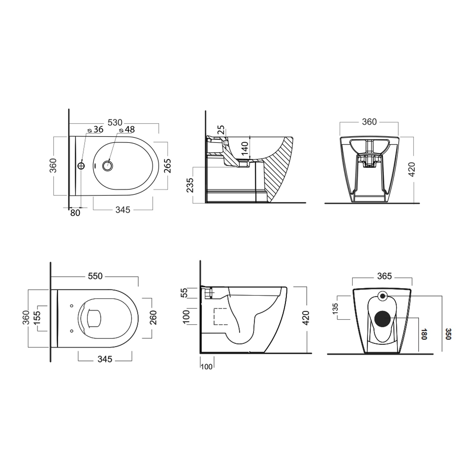 Sanitari filomuro collezione Tiara di Linpha Sanitary cm 36x53 senza brida con copriwater soft close -Nero Opaco