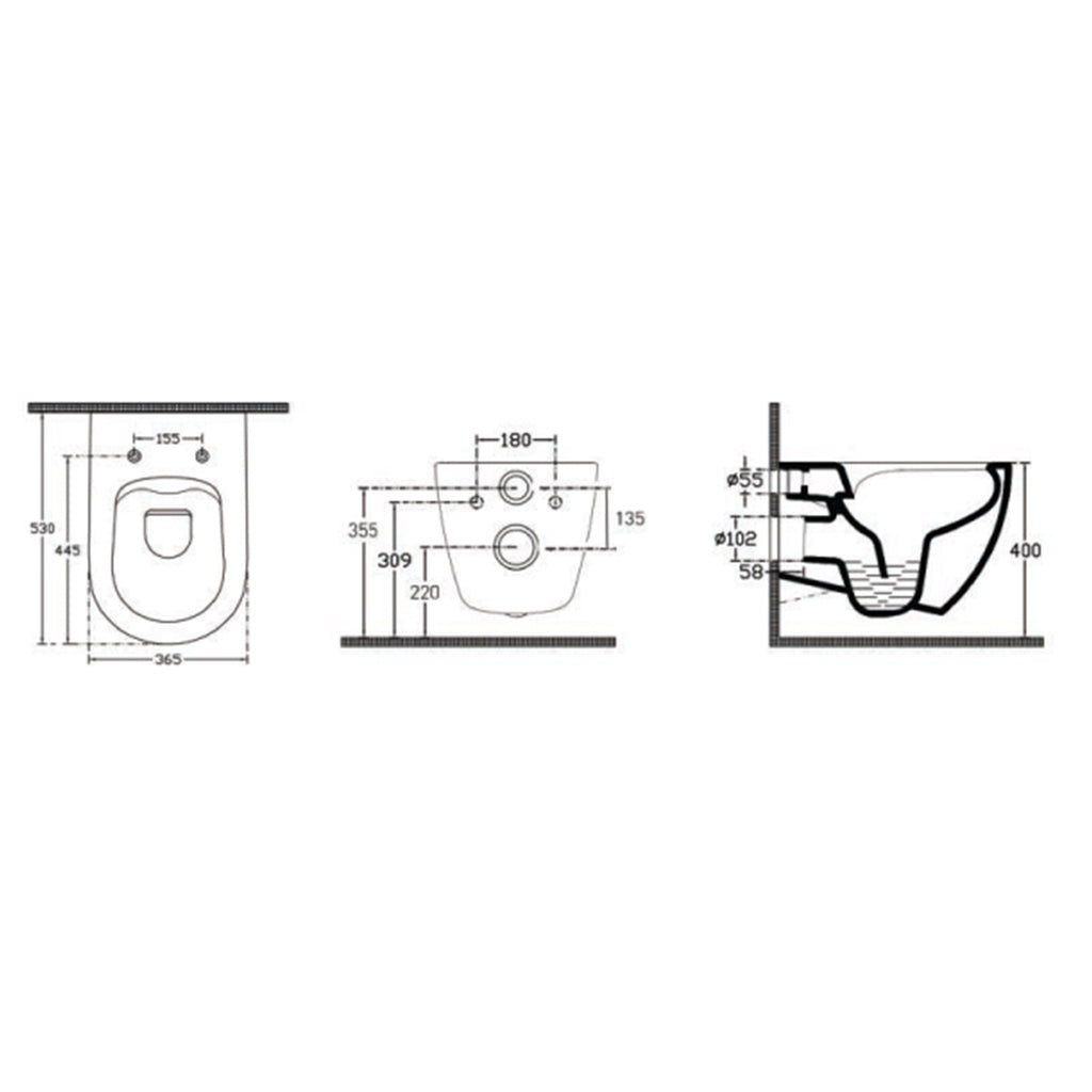 Sanitari sospesi Rimless con copriwater Soft Close BathCore serie Infinity 53x36