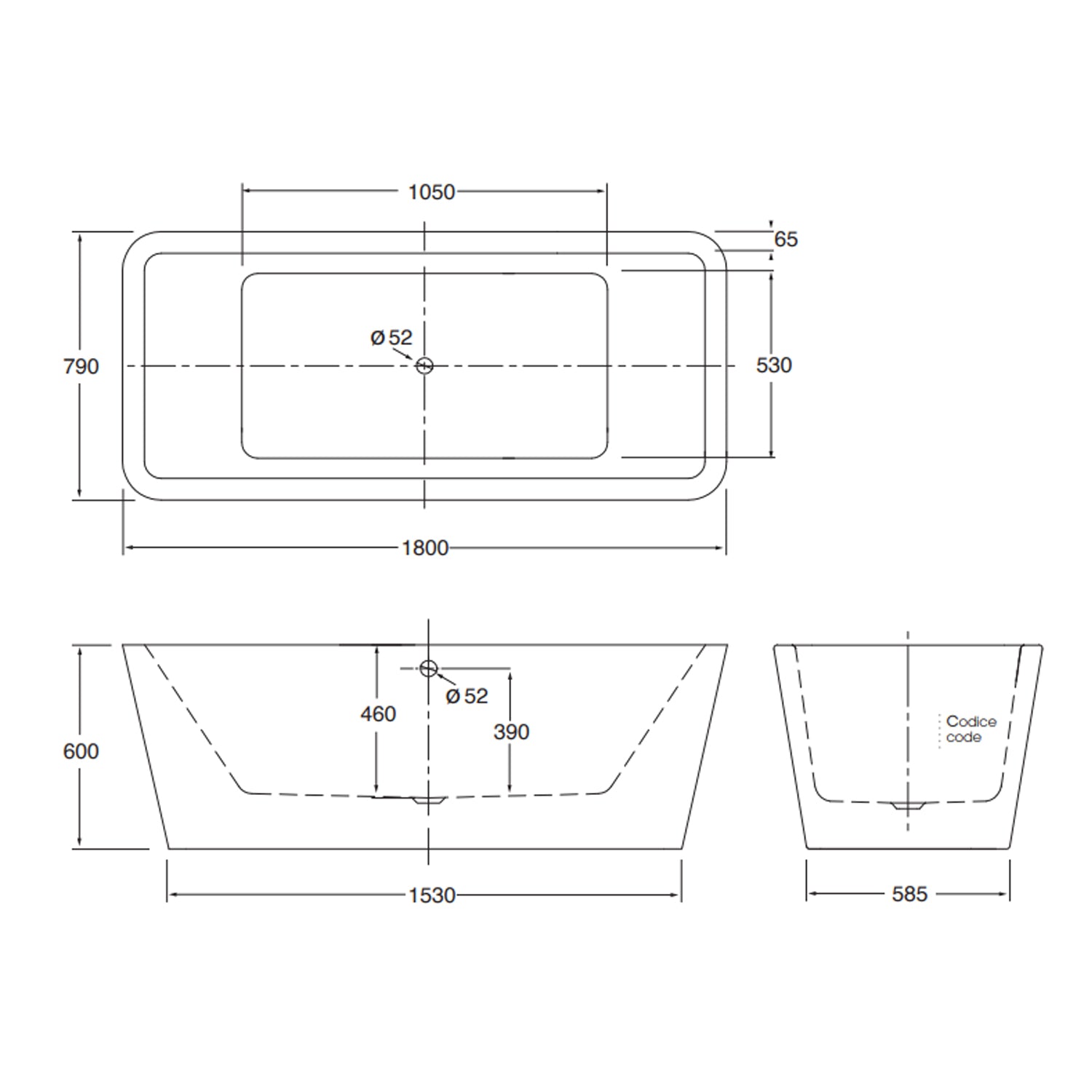 Vasca da bagno Azzurra serie Build 180x80x60 cm - Bianco lucido