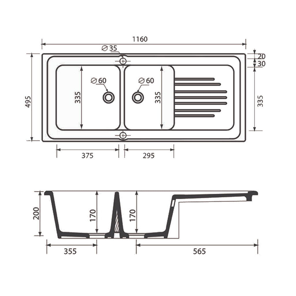 Lavello da incasso bianco in ceramica con 2 vasche 116x50 cm