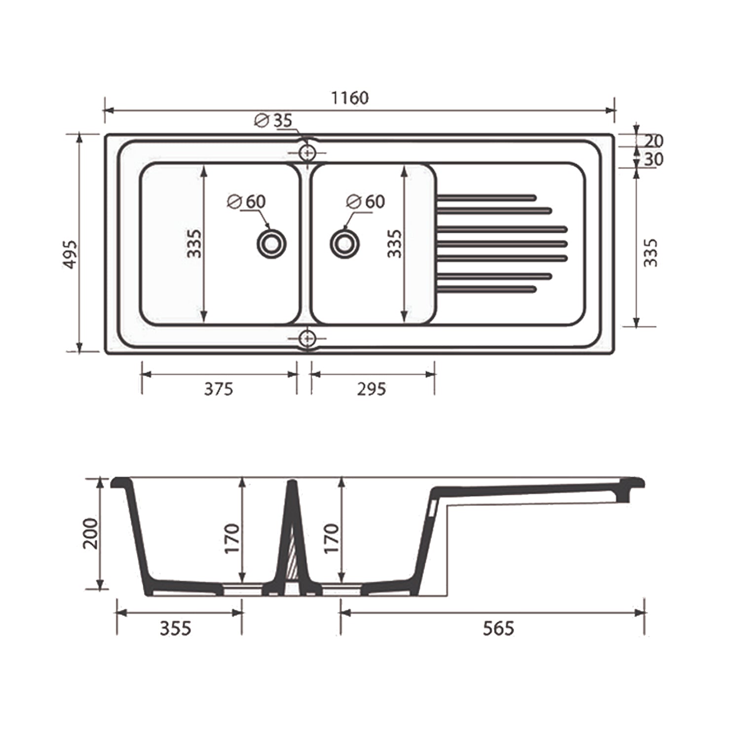 Lavello da incasso bianco in ceramica con 2 vasche 116x50 cm
