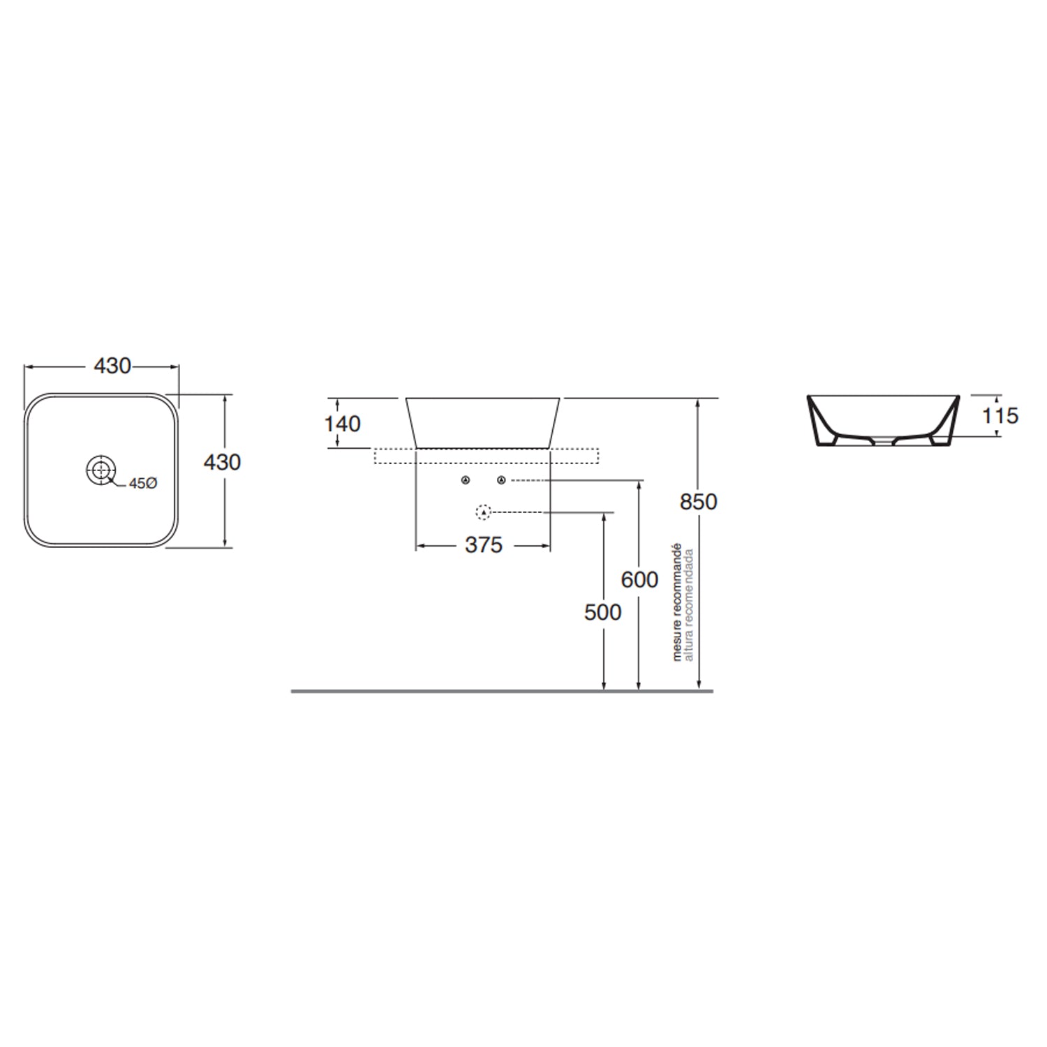 Lavabo da appoggio Azzurra serie Build 43x43 cm - Bianco lucido