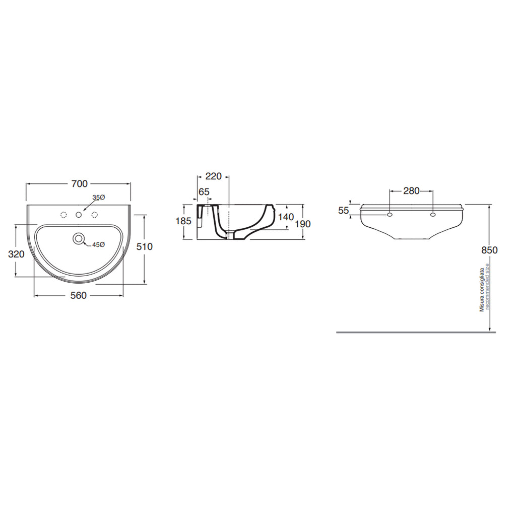 Lavabo sospeso Azzurra serie Charme 70x51x19 cm con foro rubinetto