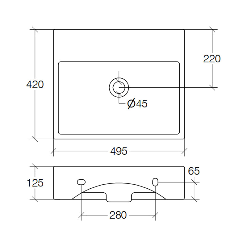 Lavabo da appoggio o muro in ceramica opaca bianca con foro rubinetto e troppopieno senza piletta Lineabeta Quarelo cm 49