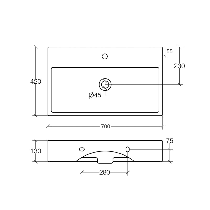 Lavabo da appoggio o muro in ceramica opaca bianca con foro rubinetto e troppopieno senza piletta Lineabeta Quarelo cm 70x42