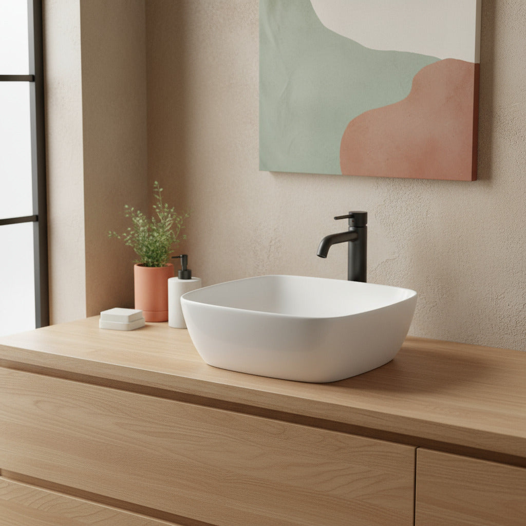 Lavabo consolle quadro 40x40 cm bianco in ceramica BathCore linea Alba