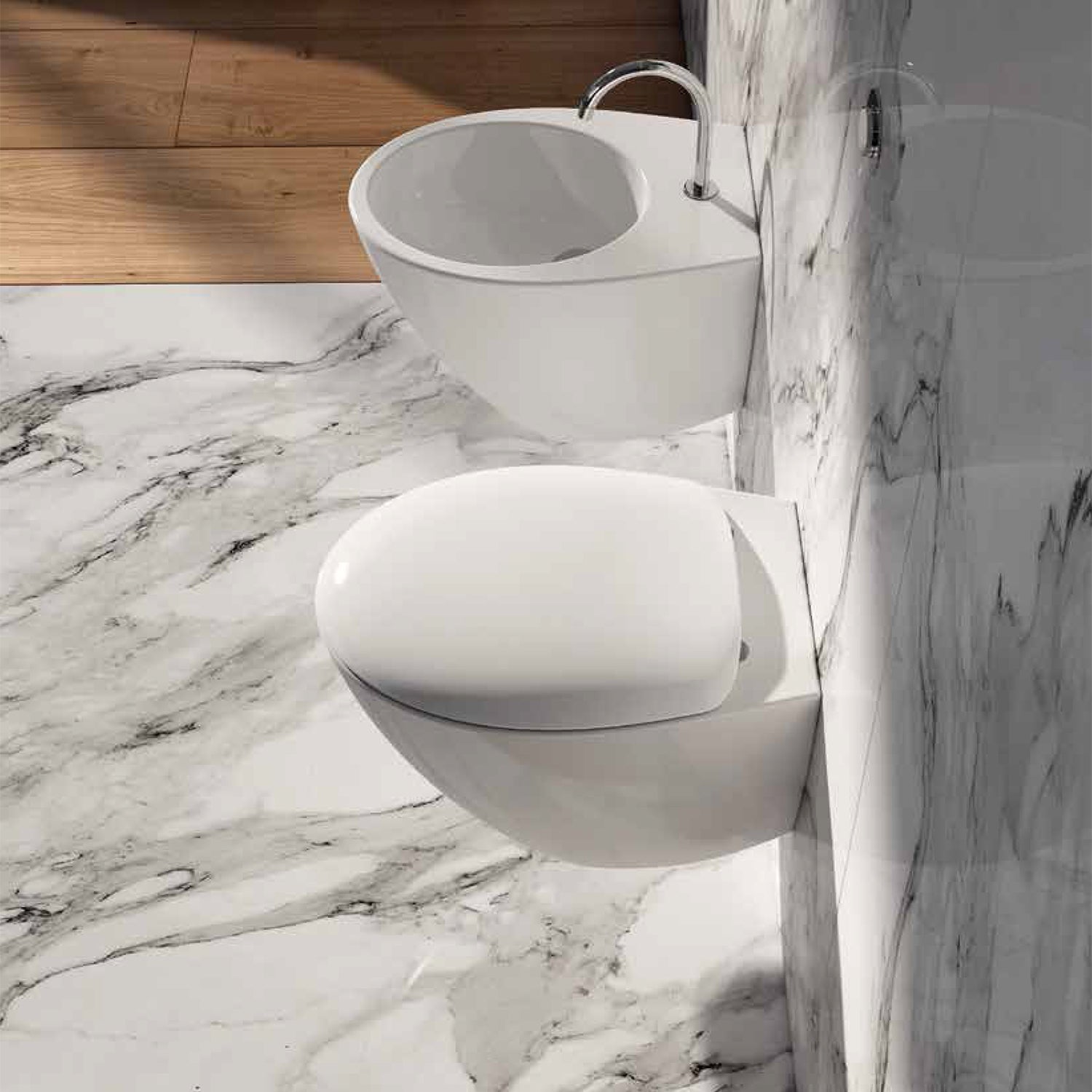 Sanitari sospesi per bagni piccoli moderni Domus Falerii Mascalzone profonditÃ  48 cm con sedile soft close